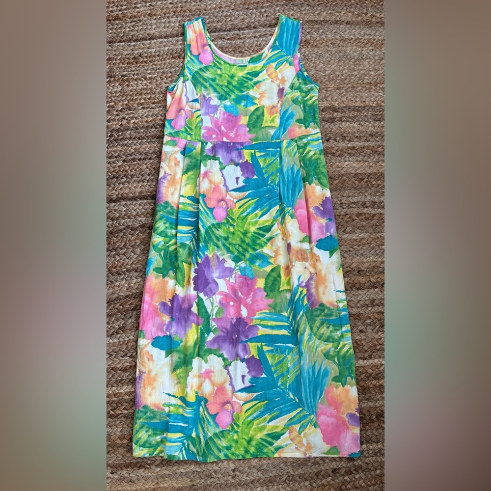 Vintage Jams World Medium Colorful Beachy Floral Maxi Dress Orchids Print